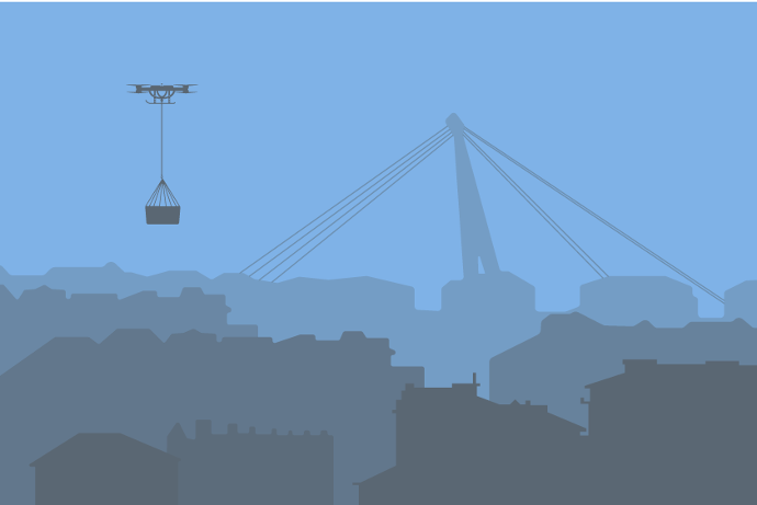 Logistics Cargo Drone in Urban Environment flying over the city